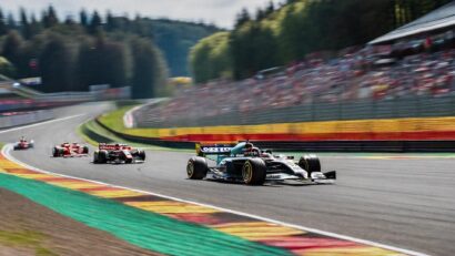 Image of a Mercedes F1 car leading the race showing the greatest f1 driver of all time